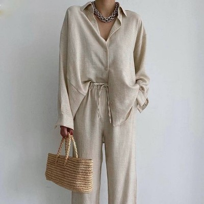 Women's Suits Solid Color Long Sleeve Shirt Top And Straight Leg Pants Two-piece