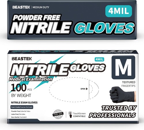 Black Nitrile Exam Gloves, 4.0 Mil, 100 Pcs Disposable Medium (100)