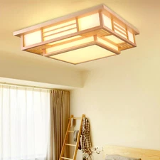 Modern Simple Ceiling Light LED Square Pendant Lamp Fixture Remote Wood 48W