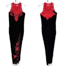 Vintage Cheongsam Qipao Dress Gown XS Black Velvet Red Long Maxi Holiday Slit