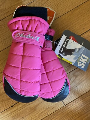 New Auclair Leather Palm Mittens Youth Teen M Black Pink Wrist Cuff Warm Ski