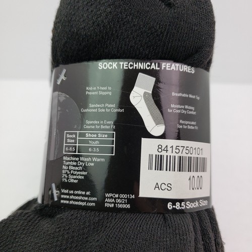 AIR Sports World Youth Size 6-8.5 Black Quarter Socks 10 Pair Pack Lot of 2 - Picture 3 of 3