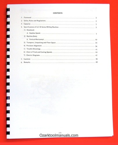 FIRST LC-18VS LC-18VHS Horizontal/Vertical Milling Machine Operators Manual 1027 - Picture 2 of 3