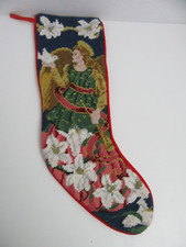 Needlepoint Stocking Angel Dove 22 Inch Red Velvet Back Christmas Holiday
