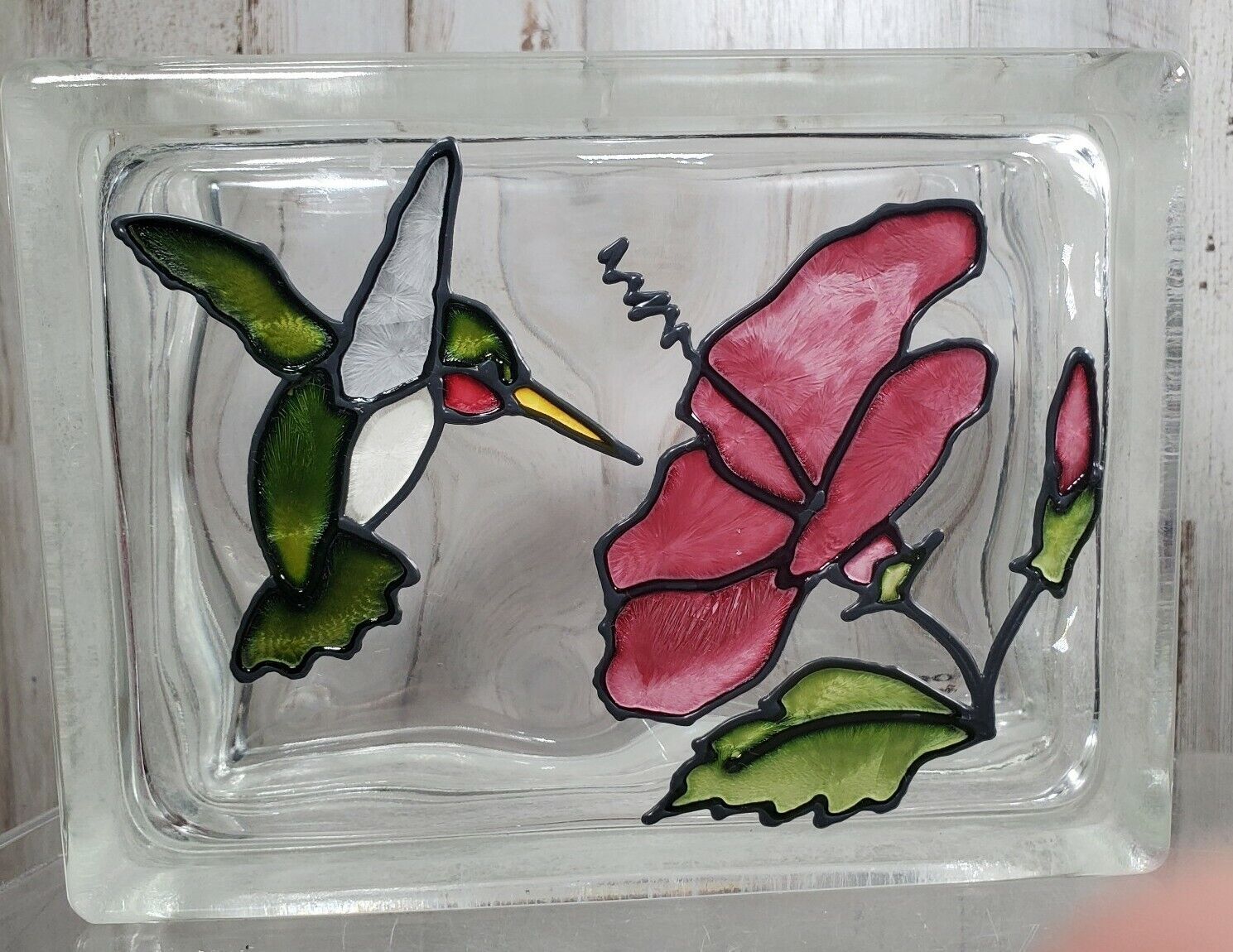 Stained Glass Hummingbird W/Flower Decorated Glass Block