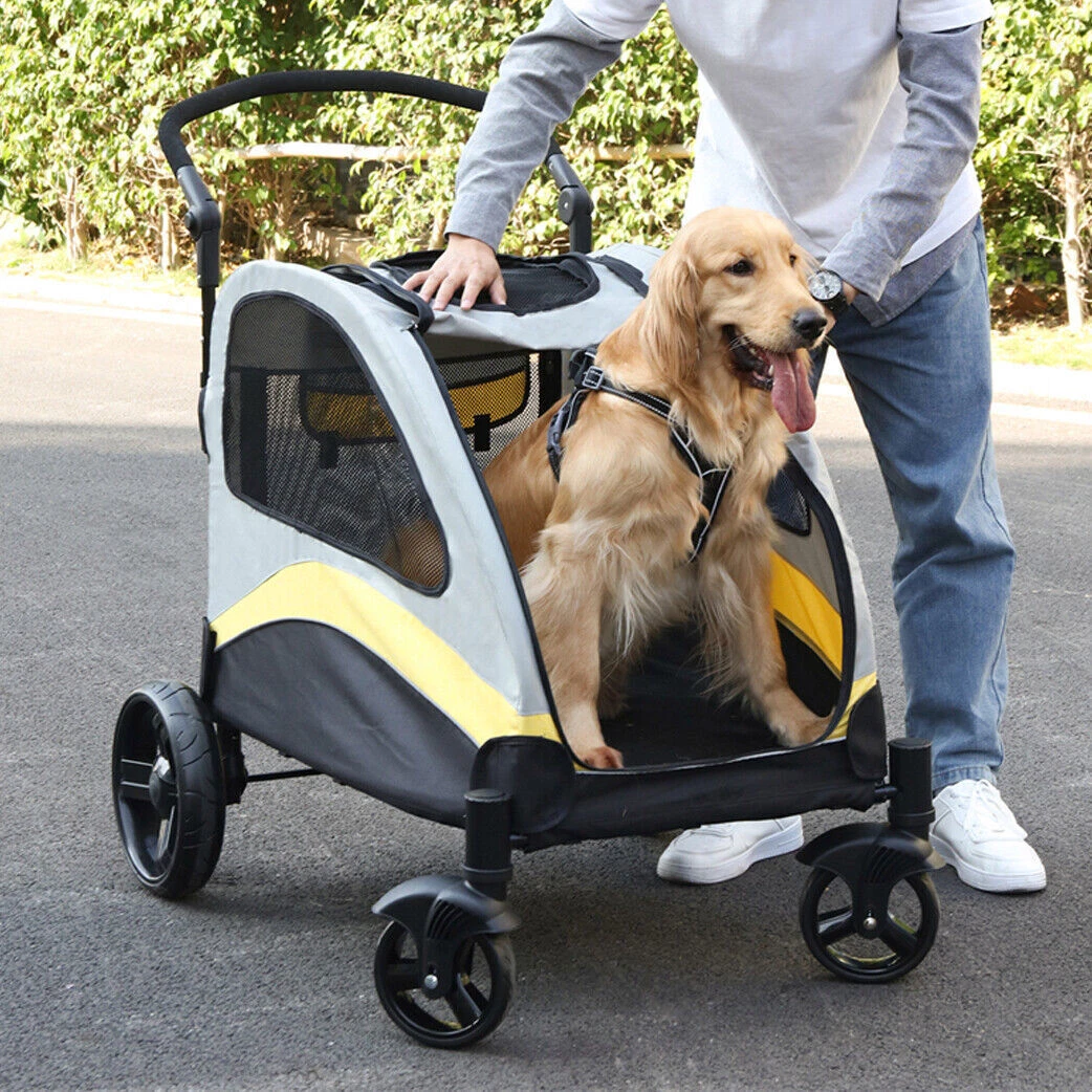 Foldable Large Dog Stroller 4 Wheels Pet Trolley Carrier with Adjustable  Handle