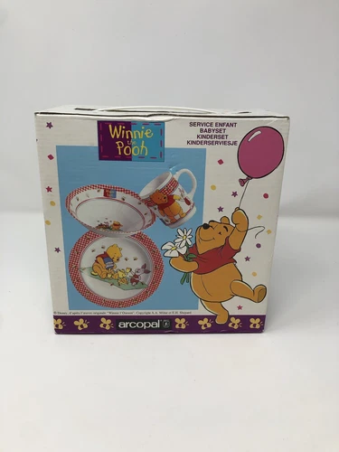 Vintage Disney Winnie the Pooh Arcopal France Milk Glass Plate Mug Cereal Bowl