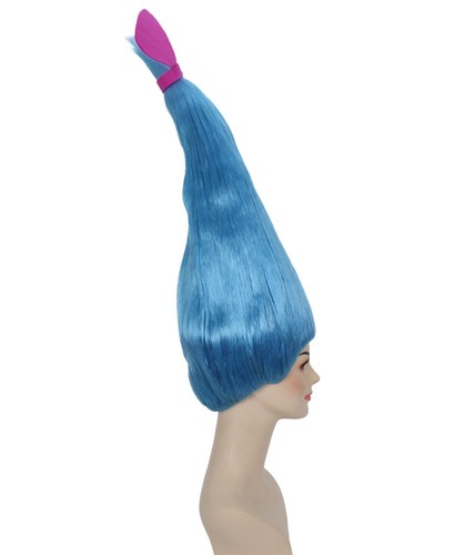 Adult Women's Long Halloween Animated Blue Pop Troll Wig with Pink Bow HW-6949A - Picture 5 of 9