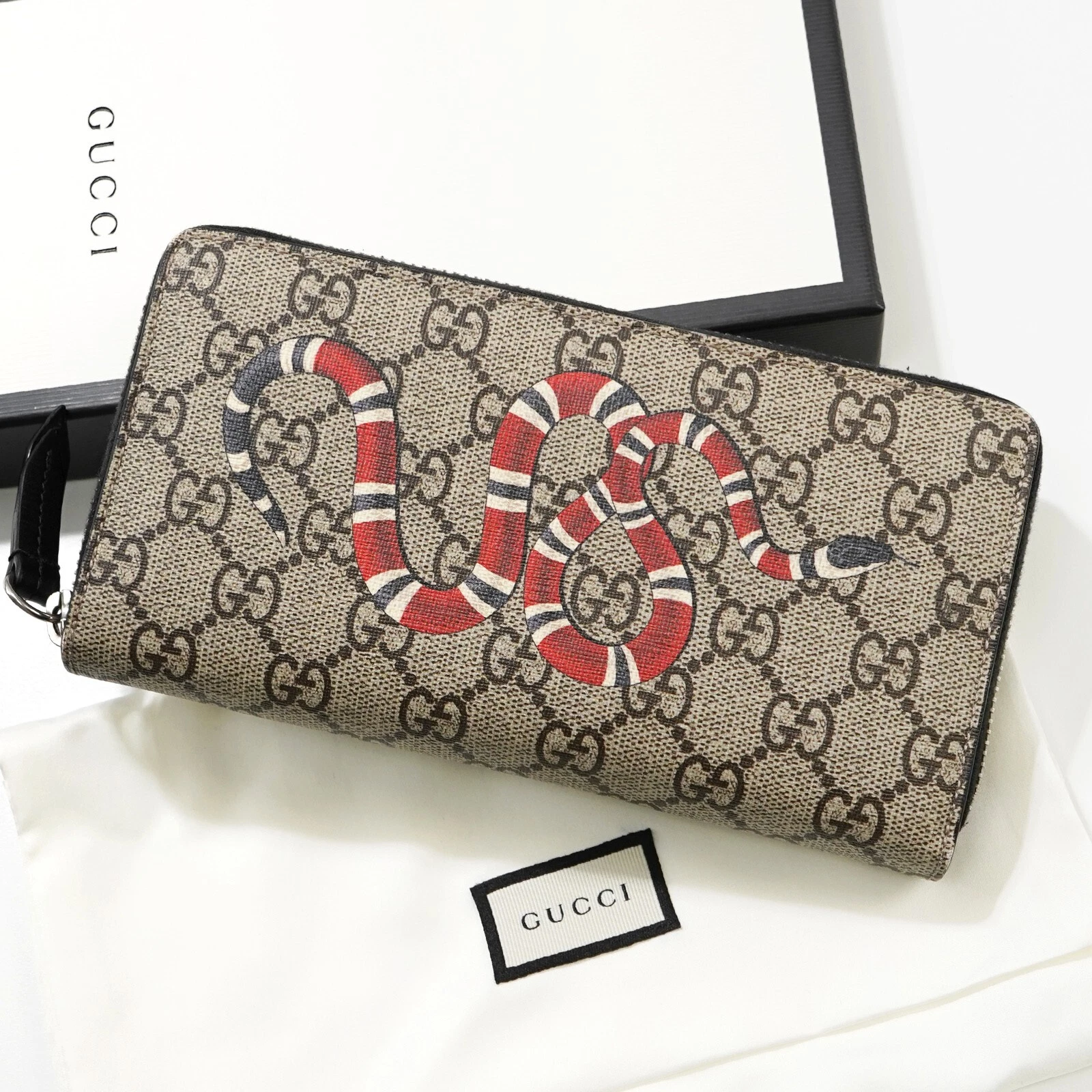Authentique portefeuille rond à fermeture éclair GUCCI GG Supreme King Snake 451273 #50367A
