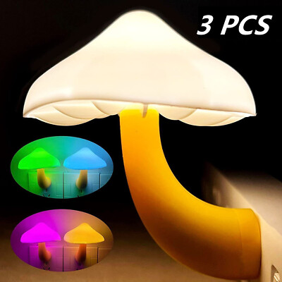 3X LED Night Lights Mushroom Gradient Light Sensor Plug-in Wall Lamps Home-Decor