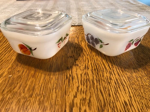 2 Vintage Fire King Gay Fad Painted Fruit Refrigerator Dishes with Lids