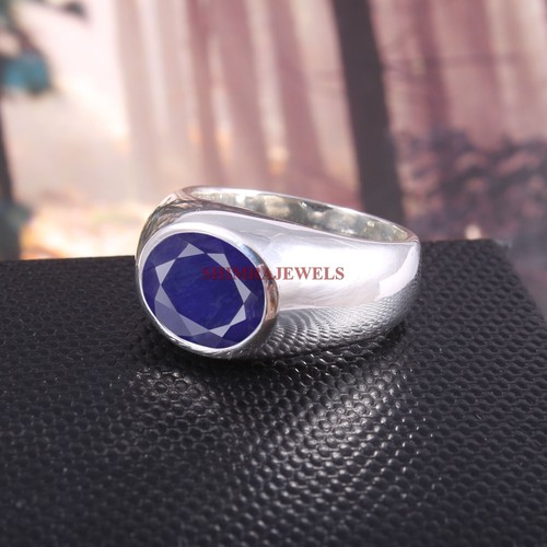Heated Blue Sapphire Gemstone With 14K White Gold Plated Silver Men's Ring #397 - Picture 6 of 8