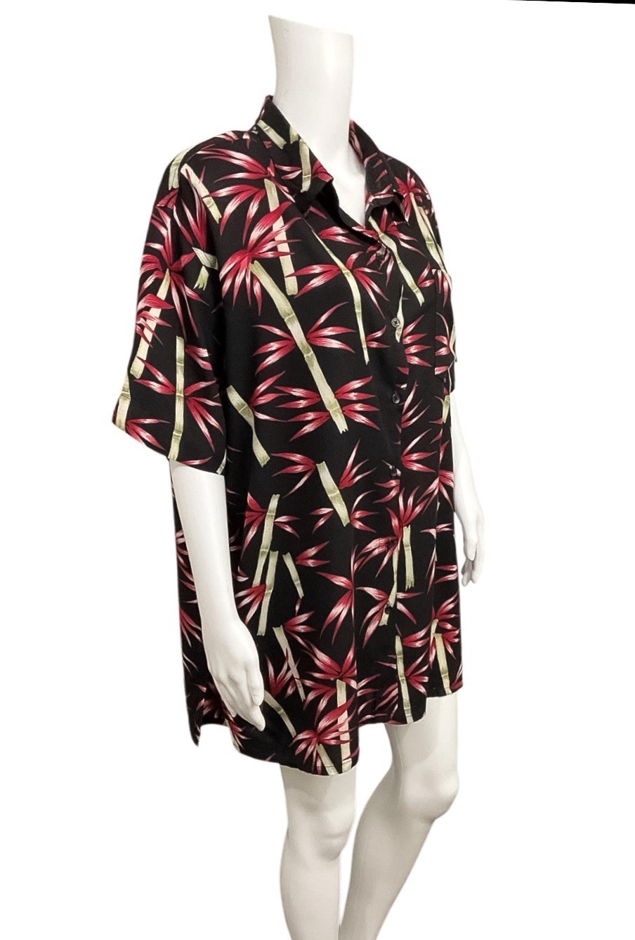 Carolina Colours Blouse Women 20W Black Red Rayon Tropical Leaf Button Front VTG