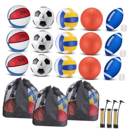  18 Pcs Sports Ball Set for Kids, Official Size Basketball Blue, White, Red