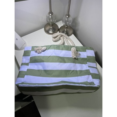 Sage Green and White Striped Canvas Beach Tote Bag with Rope Handles Zip Top