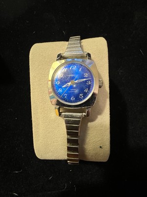 Vtg Caravelle Watch Women Silver Tone Electric Blue Dial Manual Wind Works!