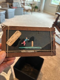 Antique Magic Wood Mechanical SLIDER lantern Slide KIDS JUMPING old