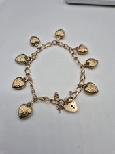 9ct Gold Charm Bracelet With Heart Charms, 9.12g, 7 1/2inch, Fully Hallmarked