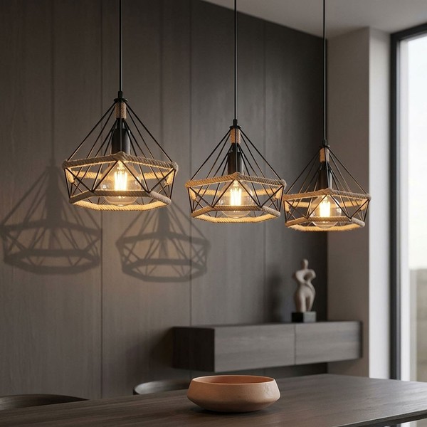 Esszimmerleuchte Pendelleuchte HäNgelampe Led 3-Flammig Gitter Hanfseil L 100 Cm-image