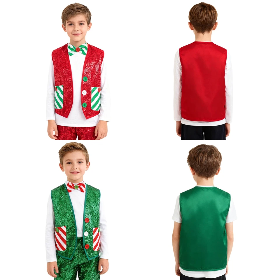 Niños Niños Lentejuelas Navidad Santa Elfo Chaleco Sin Mangas Chaleco Chaqueta con Pajarita Foto 3 de 3