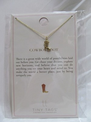 Tiny Tags Necklace Cowboy Boot 16'' W/ 2'' Extender 14K GOLD ION Plate Over Brass