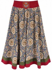 Boho Indian Cotton Block Print Embroidered Waist Maxi Skirt Women's Size L
