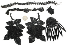 Antique Black Glass Mourning Beads Beadwork Trim Applique Lot