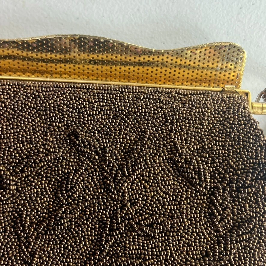 Bolso de Noche Vintage Marrón Bolso con Cuentas Forrado Hong Kong Cierre Festoneado Foto 4 de 4