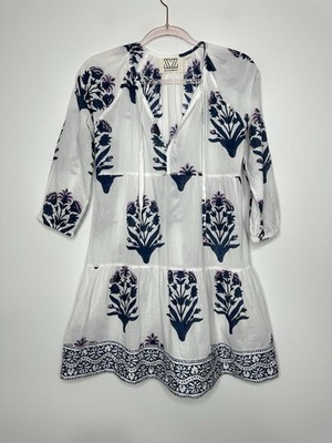 Sz Blockprints Priya Mini Dress Womens Small White Blue Floral Lightweight Sheer