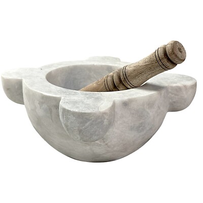 CBAM Klassischer Mörser aus Carrara-Weißmarmor mit Holzstößel Ø 25 cm