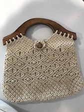 MCI Vintage Macrame Ivory Purse W/Wood Handles  Button Closure Boho 70s Style
