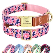 Floral Personalized Dog Collar Adjustable Heavy Duty Custom Engraved Nameplate