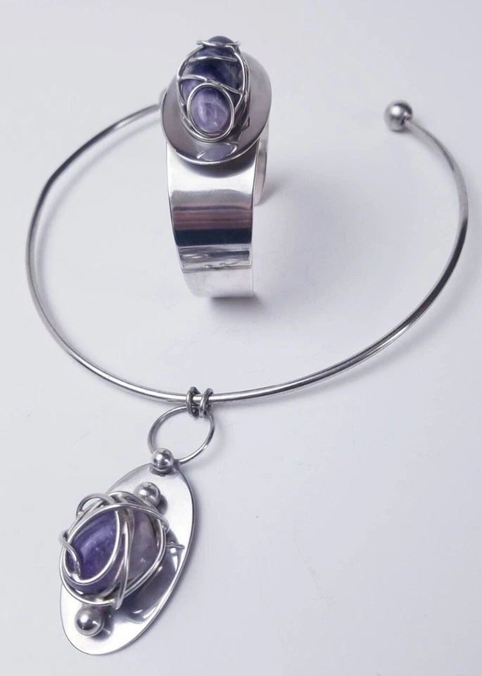 Collar y pulsera Dansk Smykkekunst brutalista placa de plata y amatista torque Foto 2 de 4