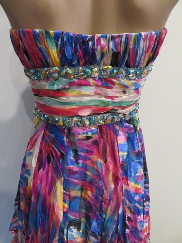 La Femme Women's Multi Coloured Gems Formal Evening Strapless Silk Dress Size 6 - Picture 8 of 11