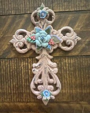 White Cross with Porcelain Roses - Dusty Pink