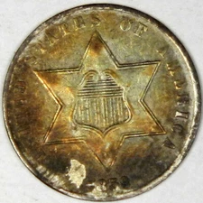 1859 THREE CENT SILVER ~ ORIGINAL TONE AU ABOUT UNCIRCULATED ~ 3c. PRICED RIGHT!