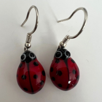 Murano Glass, Handmade Unique Jewelry, Ladybug & 925 Sterling Silver Earrings
