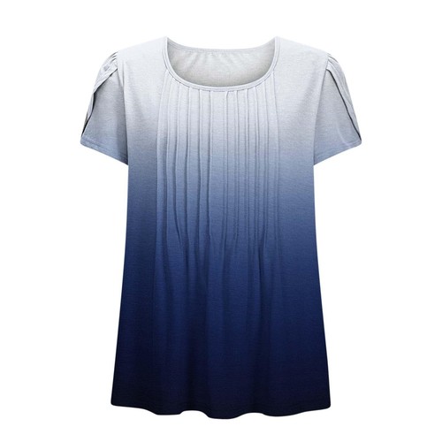 Women Fashion Petal Sleeves Crewneck Tunic Blouses Gradient Summer Tees Shirts - Picture 14 of 38