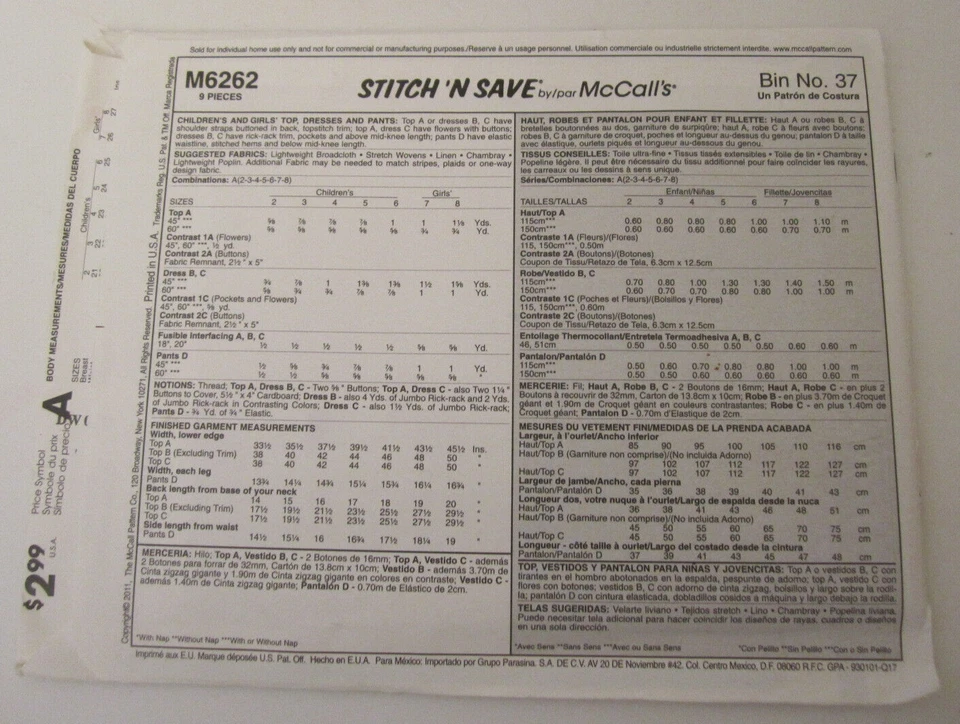 McCall's Pattern M6262 Stitch 'n Save Girls Top Shorts Pants Sizes 2 -8 uncut - Image 3 of 3