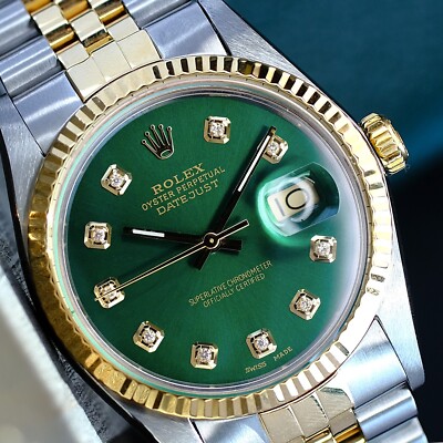Rolex Datejust 16013 TT Yellow Green Diamond Dial Jubilee Band w/Original Box