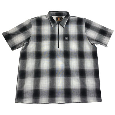 FB County Mens XL Checker 1/2 Zip Short Sleeve Shirt Black Gray Cotton Polyester