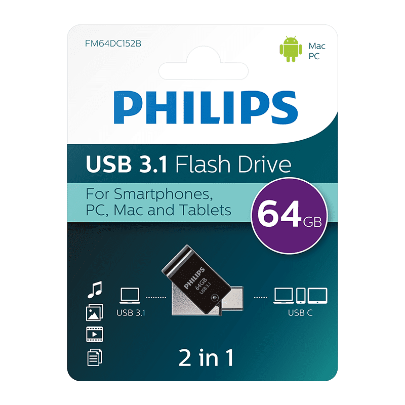 Philips 64GB USB 3.1 Flash Drive USB A & USB C Dual Memory Stick OTG Android PC