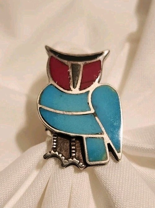Solid .925 Silver Native Style Owl Ring Turquoise… - image 1