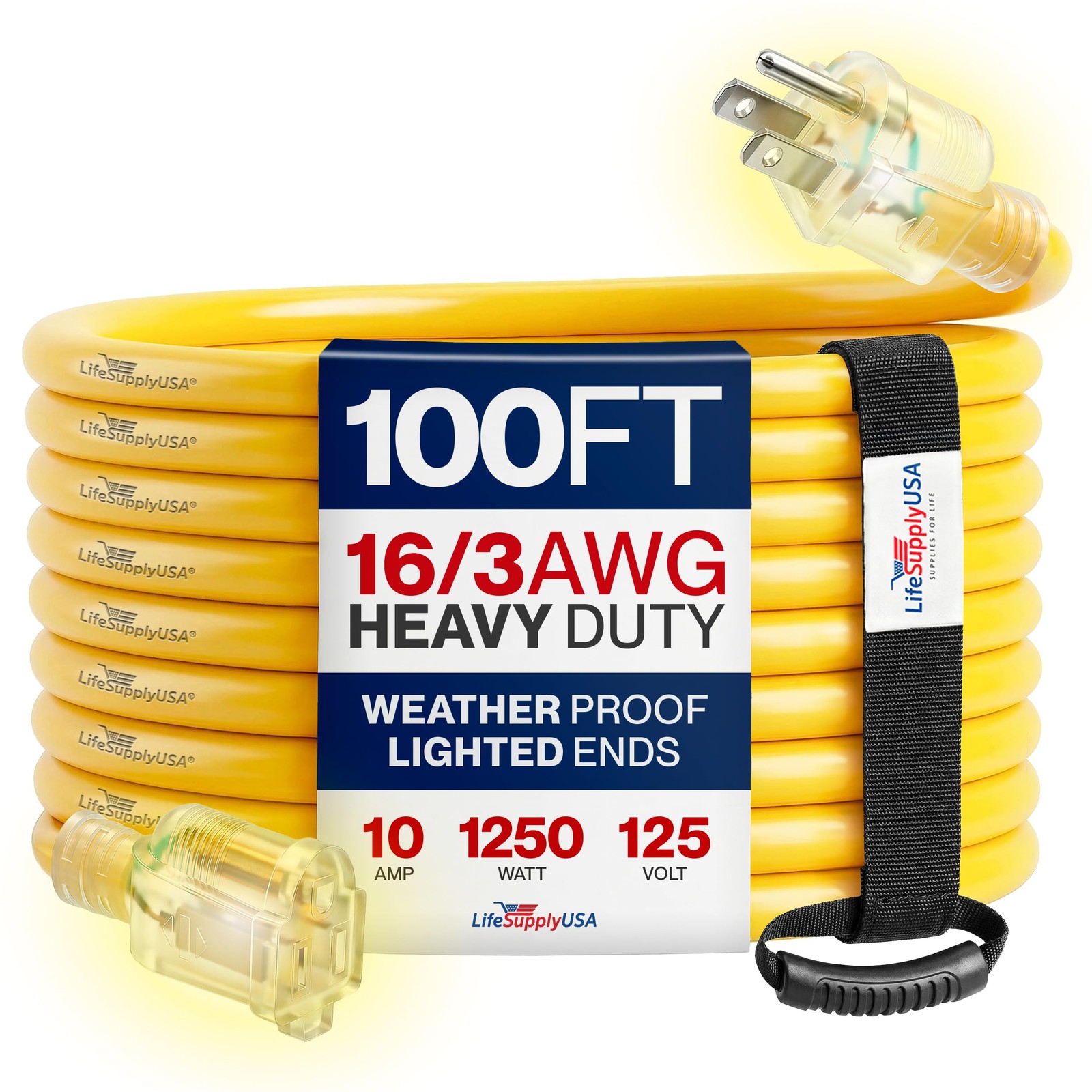 100ft Outdoor/Indoor Extension Cord 16/3 Gauge Heavy Duty 3 Prong SJTW, Water...