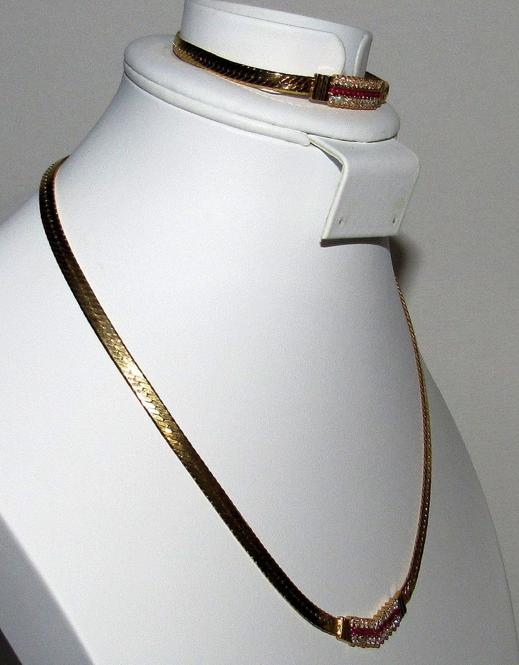 Juego de pendientes collar pulsera V circonita cúbica rubí vintage espiga Foto 3 de 4