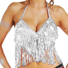 Nicute Sequin Tassel Crop Top Fringe Halter Bra Glitter One Size, Silver