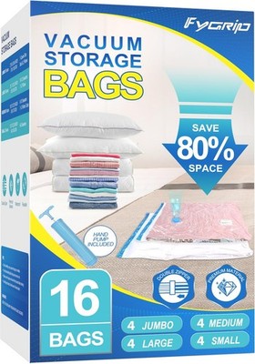 Fygrip 16 Pack Vacuum Storage Bags with Hand Pump, 4 Jumbo + 4 Large + 4 Medi