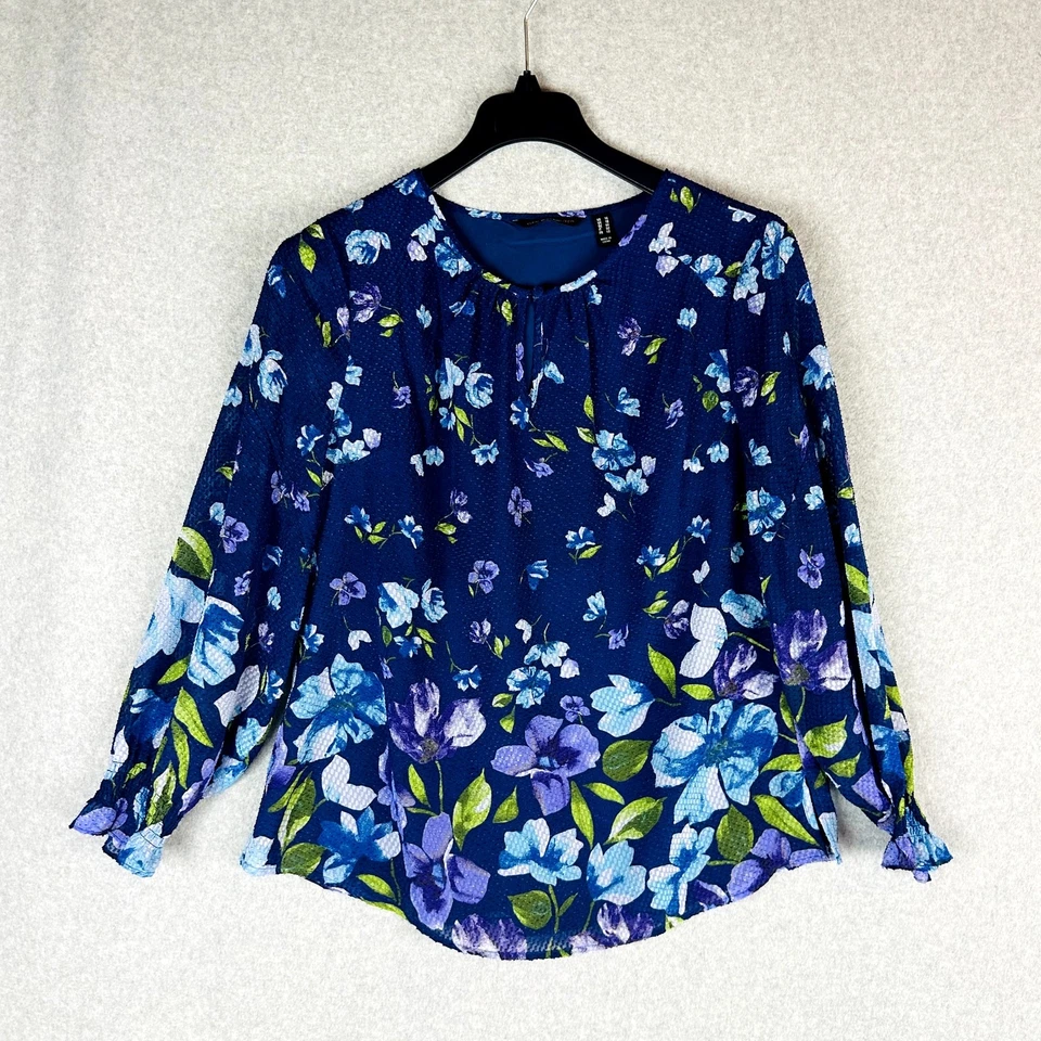 Blusa Blusa Isaac Mizrahi Live Mujer Talla 14 Floral Azul Manga Larga Popover Foto 3 de 4