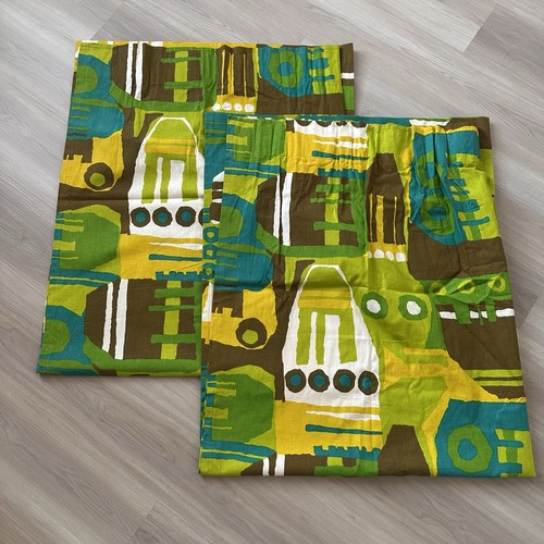 Vintage Mid Century Modern Green Abstract Print Heavy Cotton Curtains 60s 70s 