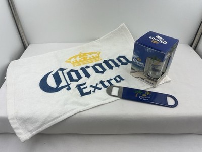 Corona Extra Bar Set Shooter Glass 4-Pack, Bar Towel & Bottle Opener Bar Bundle